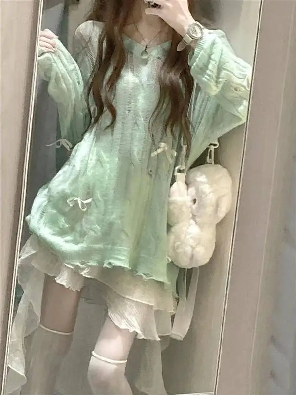 

Mint een Lace-Up Knit Top Lightweight Hollow out Asymmetrical Design Lazy Sle Spring Summer Women's Sweet Sle Sweater