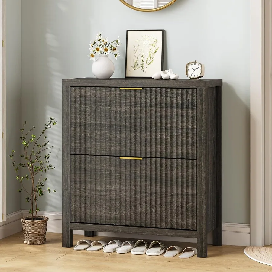 خزانة الأحذية لتخزين خزانة الأحذية المخفية للمدخل مع درجين قابلين للطي رف الأحذية المخفي طويل القامة منظم الأحذية قائم بذاته #3