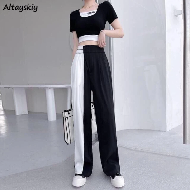 

Sets Women T-shirts Crop Patchwork High Waist Wide Leg Pants Fashion Ulzzang Streetwear Casual Simple Summer Females Chic Design