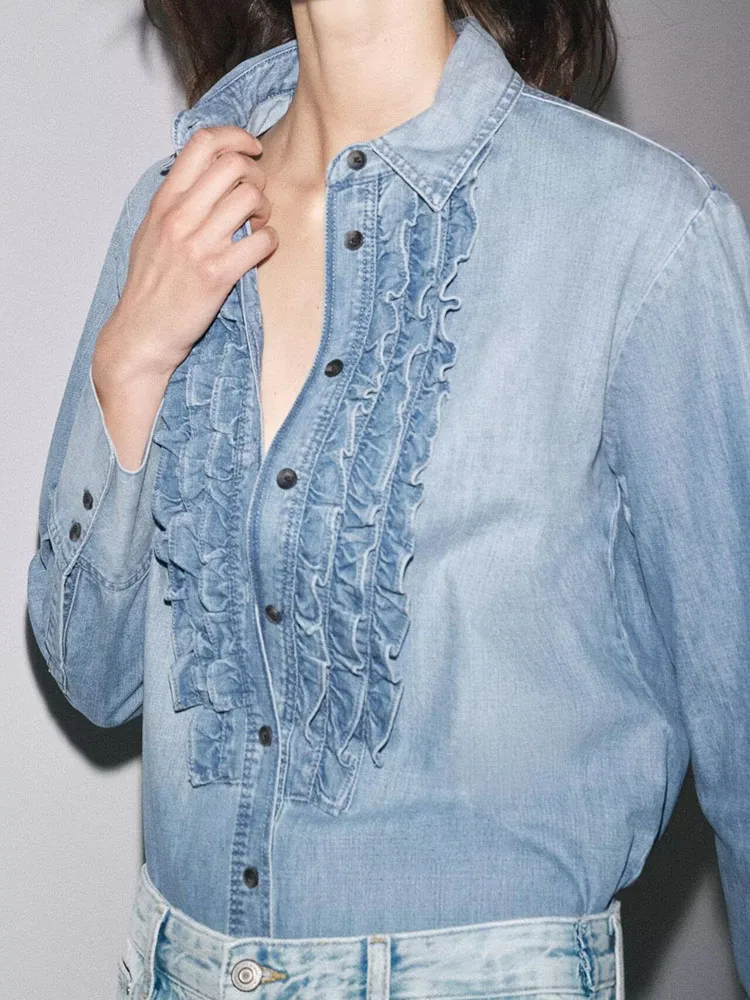 

Spring New Arrival Women's Faionable Versatile Single Button Long Sve Denim irt Turn-down Collar Commute Sle Other F...