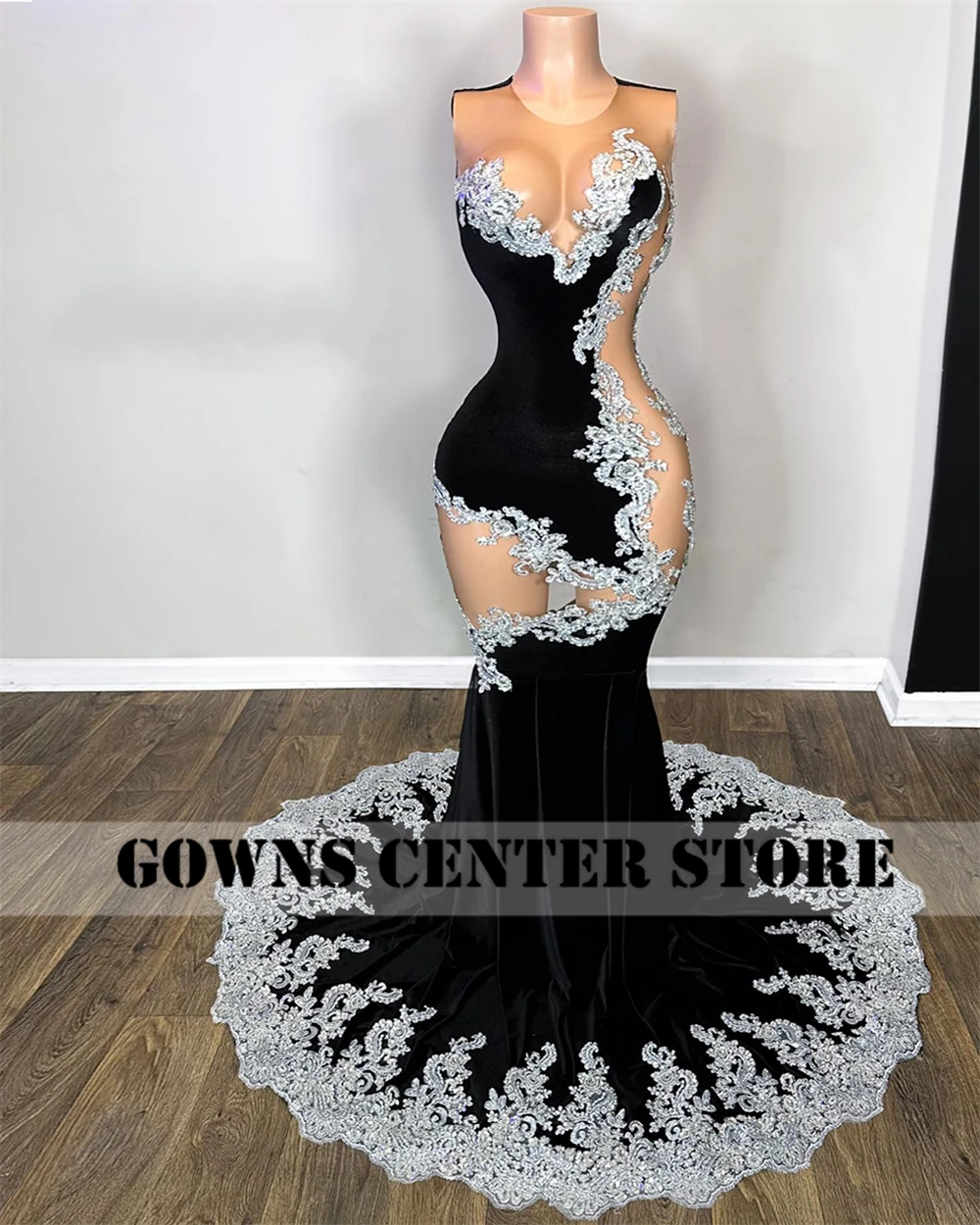 Silver Lace Appliques Black Velvet Mermaid Prom Dresses 2024 Luxury Gown Sexy Mermaid Birthday Dress Black Girl O Neck vestidos