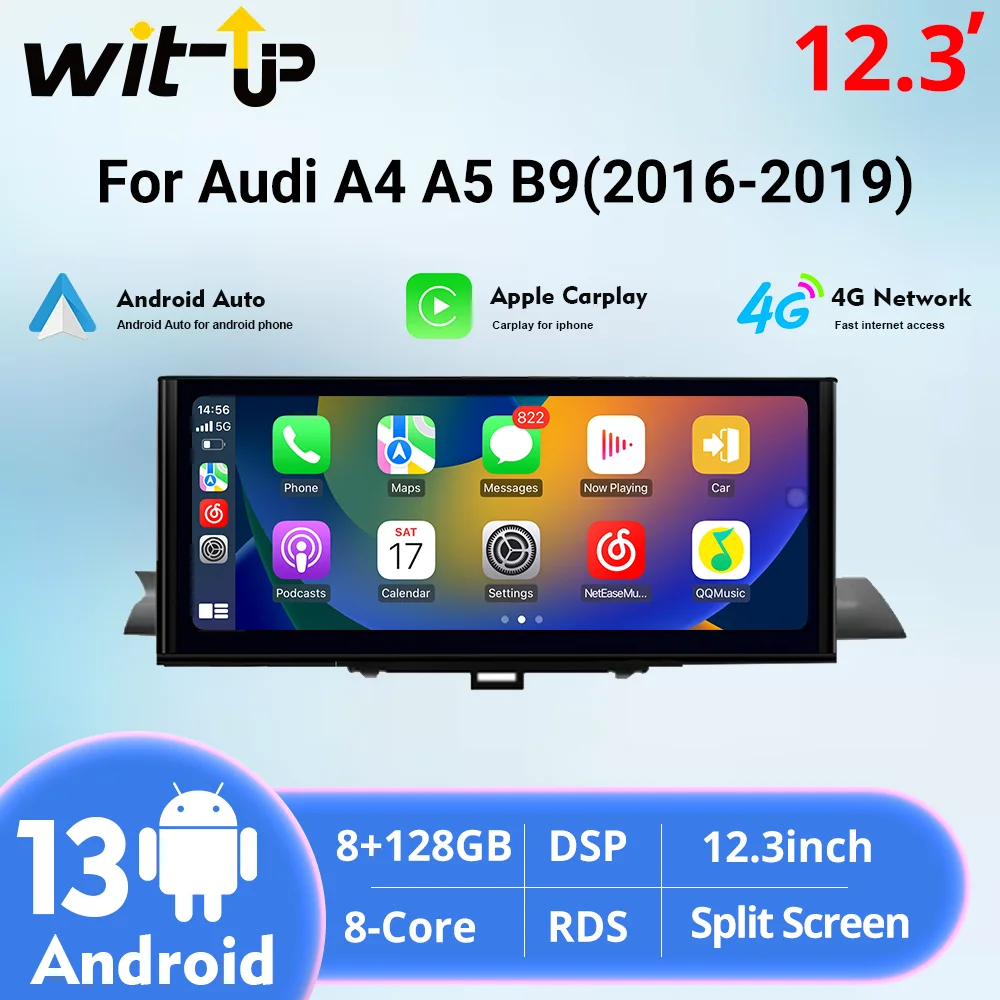 Автомагнитола Wit-Up для Audi A4/A5/S4/S5/MHI2, сенсорный экран 12,3 дюйма, Android 13, автомагнитола с GPS Навигатором, Автомагнитола для CarPlay, мультимедиа