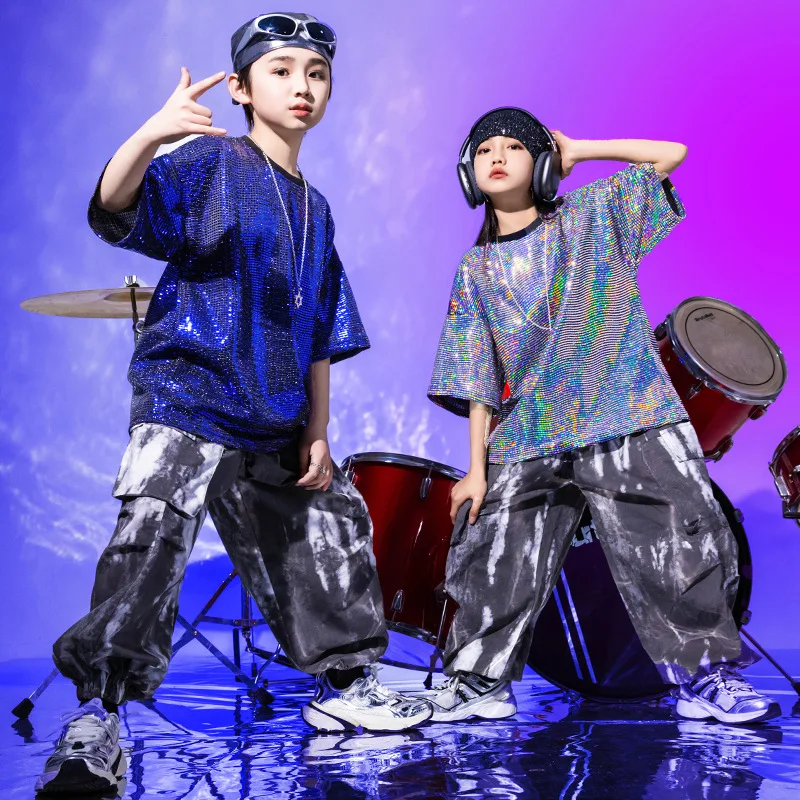 Shiny Street Dance Clothing Kids Jazz Hip Hop Fashion Clothes Children Drum Performance Outfit Girls Oversize T-Shirt Pants 1336