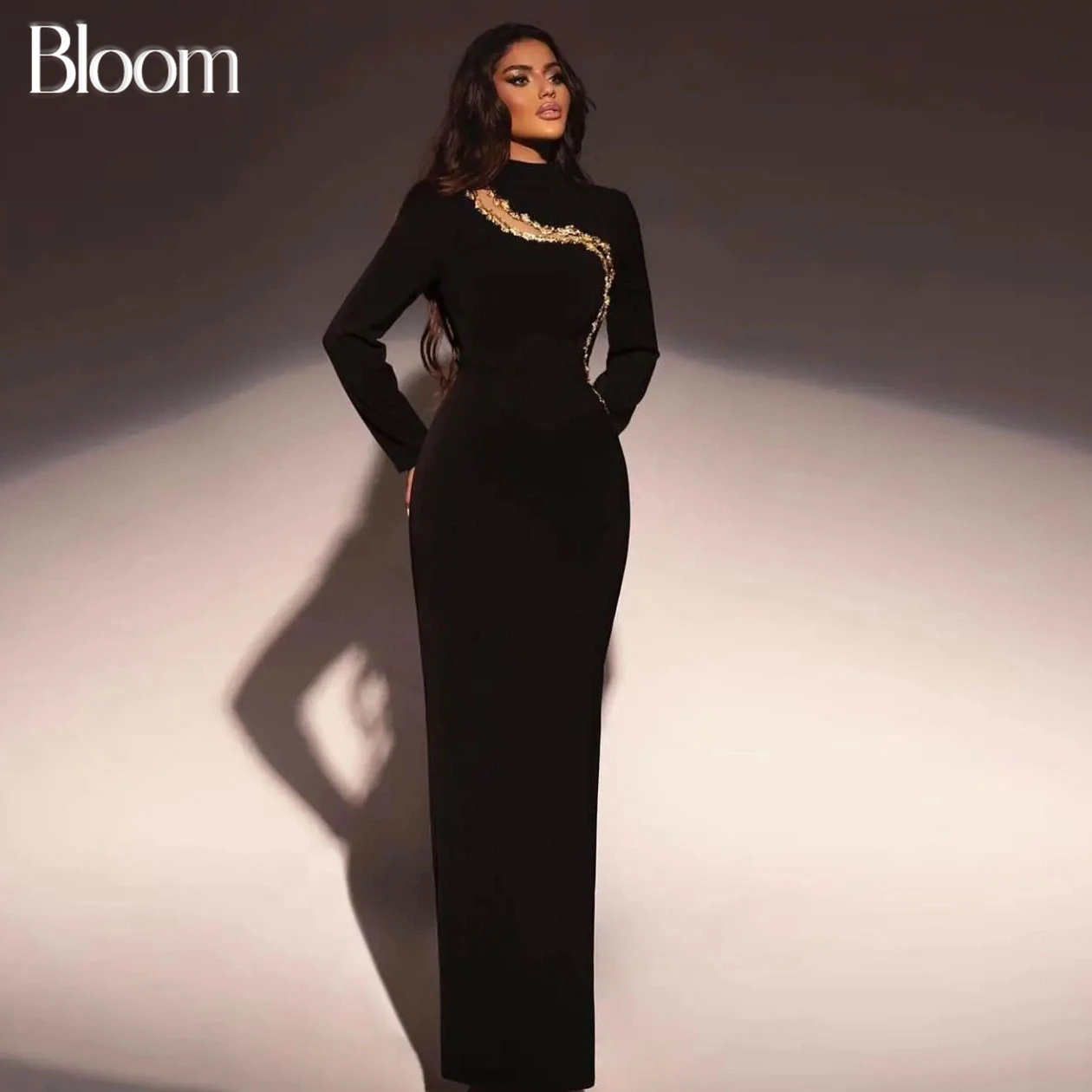 

Bloom Black Long Sleeves Evening Dresses For Prom Cut-out Shiny Crystal Beads Formal Dress Elegant Wedding Party Dress 2024