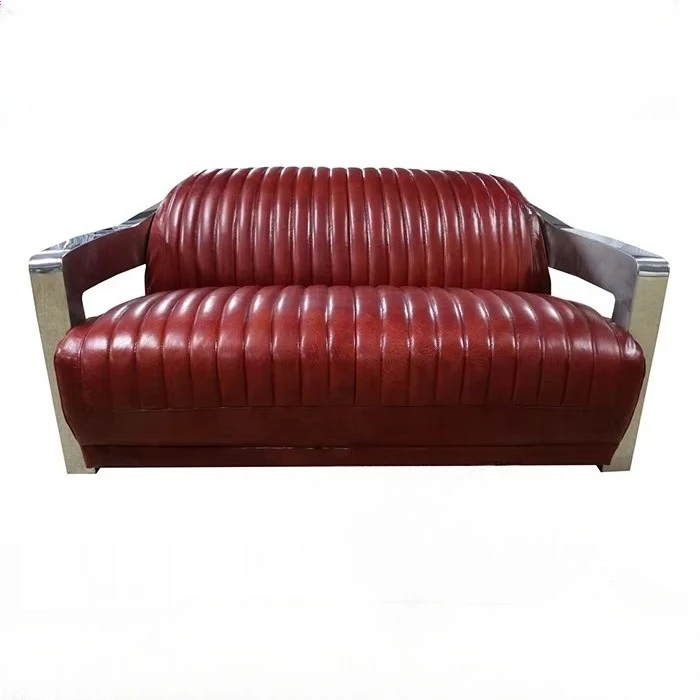 

Винтажный диван из натуральной кожи в стиле ретро с подлокотниками из нержавеющей стали для гостиной, отеля, лобби, клуба, 3-местный