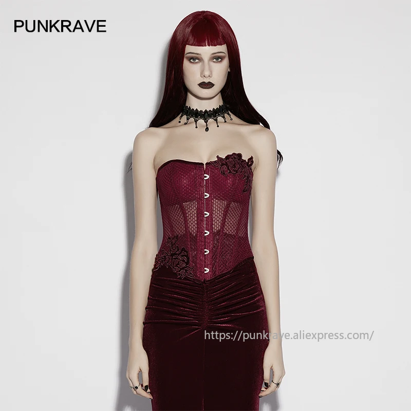 

PUNK RAVE Women's Gothic Micro Elastic Mesh Elusive Beauty Shapewear Handmade Asymmetrical Velvet Rose Slim Corset Two Colors