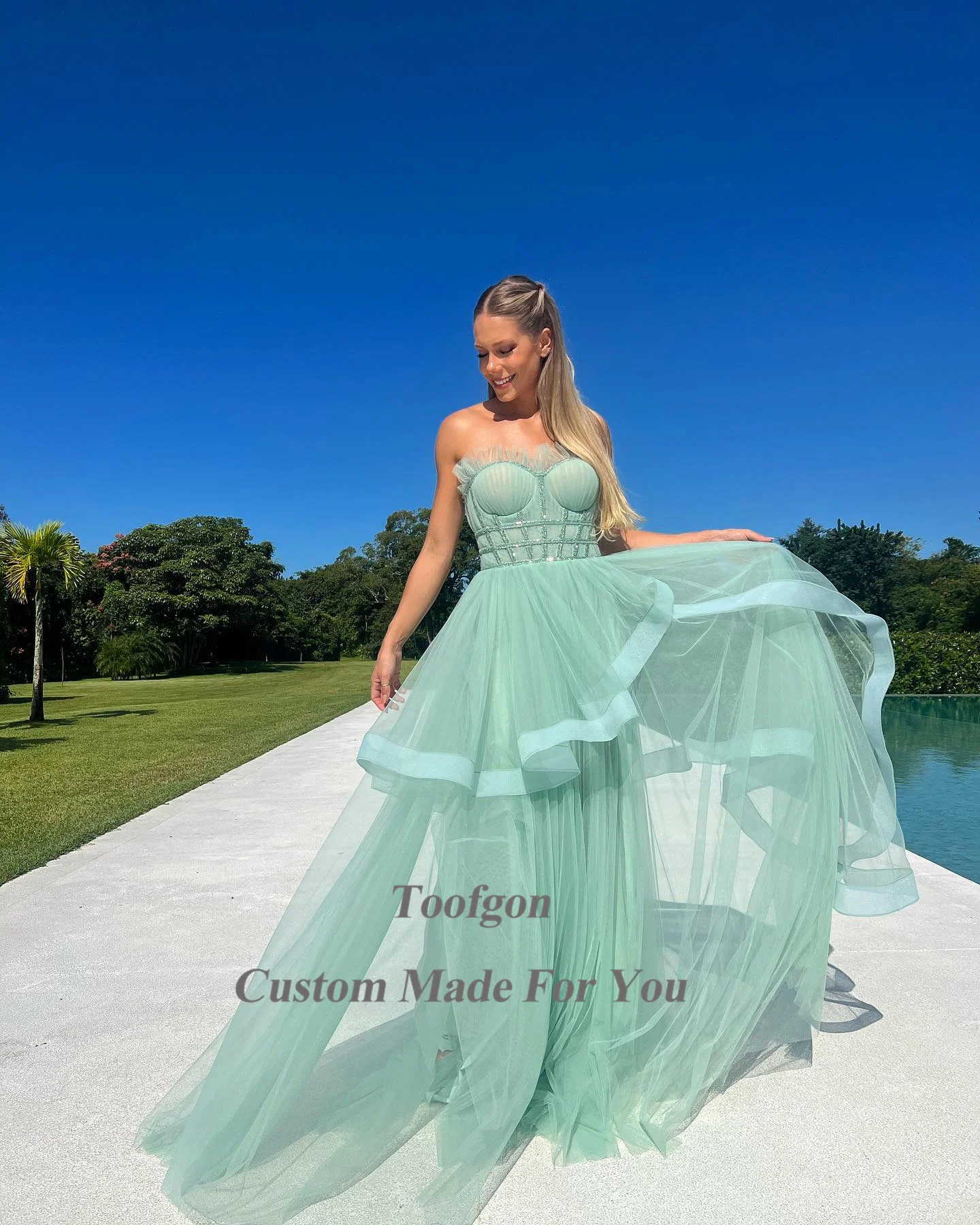 Toofgon vestido Formal de tul verde menta para mujer, traje de fiesta de boda, línea A, volantes, escote Corazón, ropa especial para Club nocturno