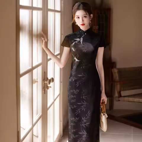 Yourqipao Flocking and Embroidered Chinese Cheongsam Black Qipao Formal Evening Dress For Women