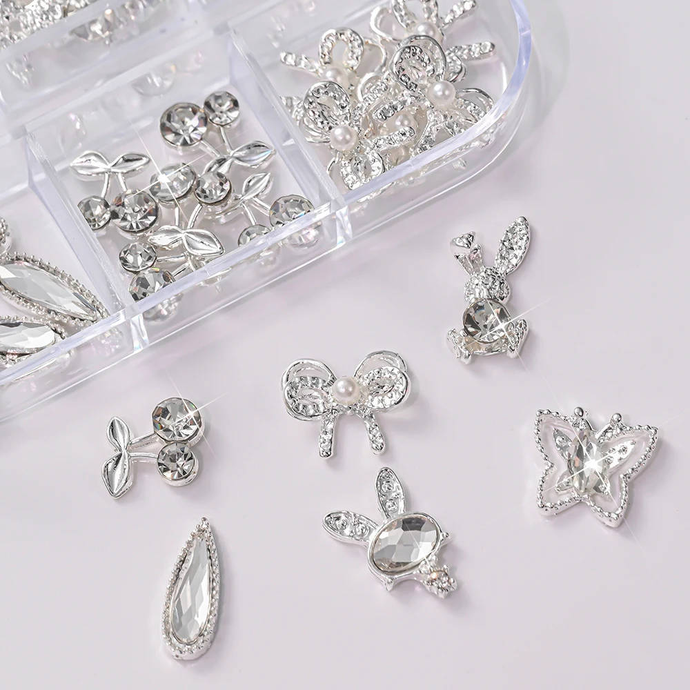 30Pcs Silver Alloy Rabbit Nail Charms Pearl Clear Heart Waterdrop Diamond Nail Decoration Hollow Butterfly Rhinestone Nail Parts