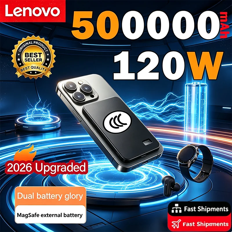 Lenovo 2026 New Ultra Slim Magnetic Power Bank 500000mAh PD22.5W Wireless Fast Charging for MagSafe iPhone 17 Spare Battery 맥세이프