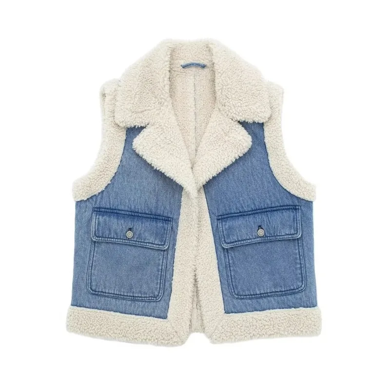 Autumn and Winter New Women's Denim Vest Jacket, Fashionable Casual Pocket Decoration, Lapel, Double-sided Short Vest