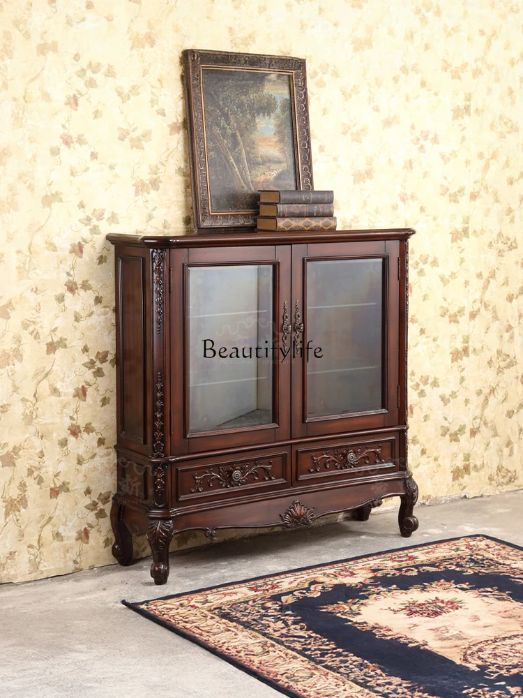 

Vintage Wall-Mounted Small Side Cabinet Antique Style Bookshelf Solid Wood Carved Low Cabinet