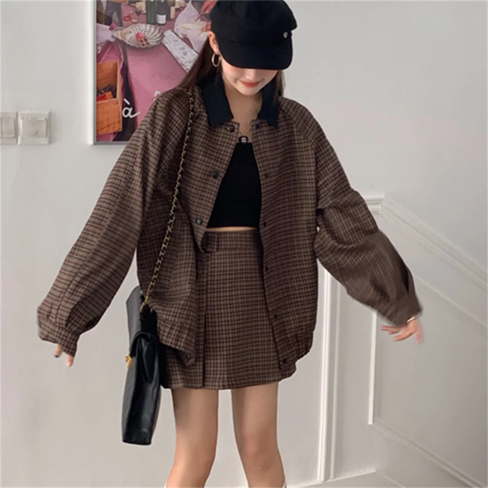 Coffee Women Suits Slim Plaid Slim-Fit Jackets Vintage Office Lady New 2023 Spring Mujer High Street Chic Skirts Sets