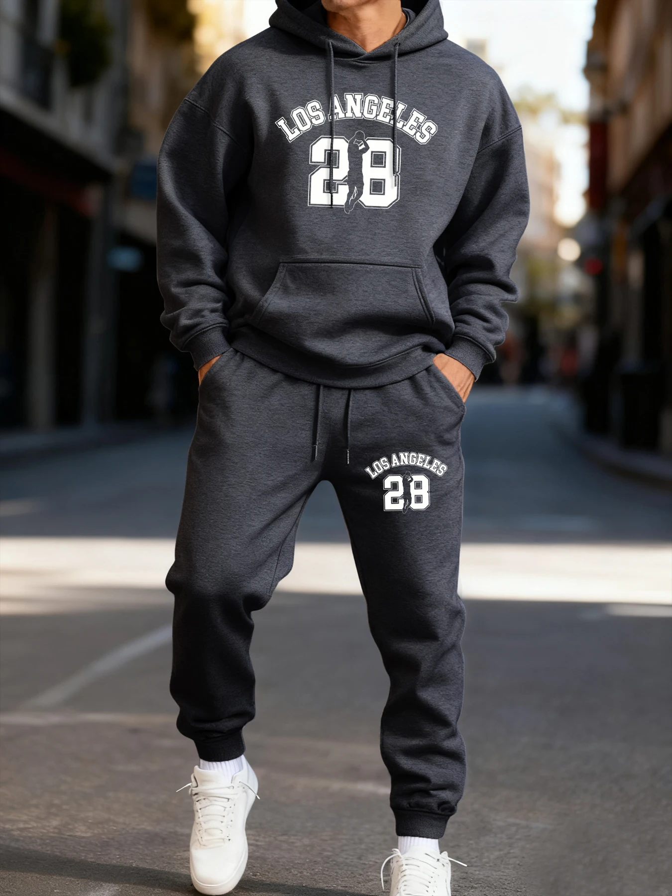 Conjunto de sudadera con capucha estampada con el número 28 de Los Ángeles, ideal para el invierno, de estilo deportivo, compuesto por dos piezas, de largo, para uso urbano, y pantalones cómodos para parejas.