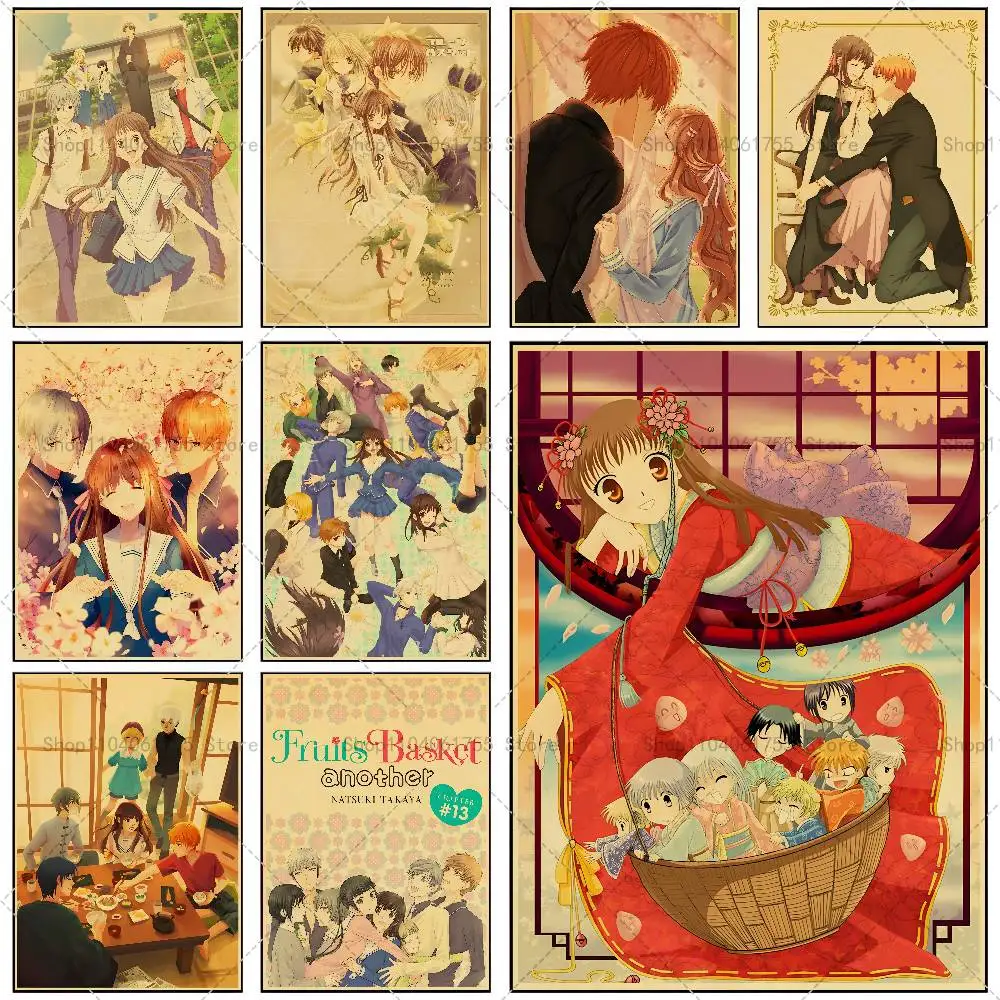 Vintage Anime Fruits Basket Retro-Poster, selbstklebender Kunst-Aufkleber aus wasserfestem Papier, für Café, Bar, Zimmer, Wanddekoration