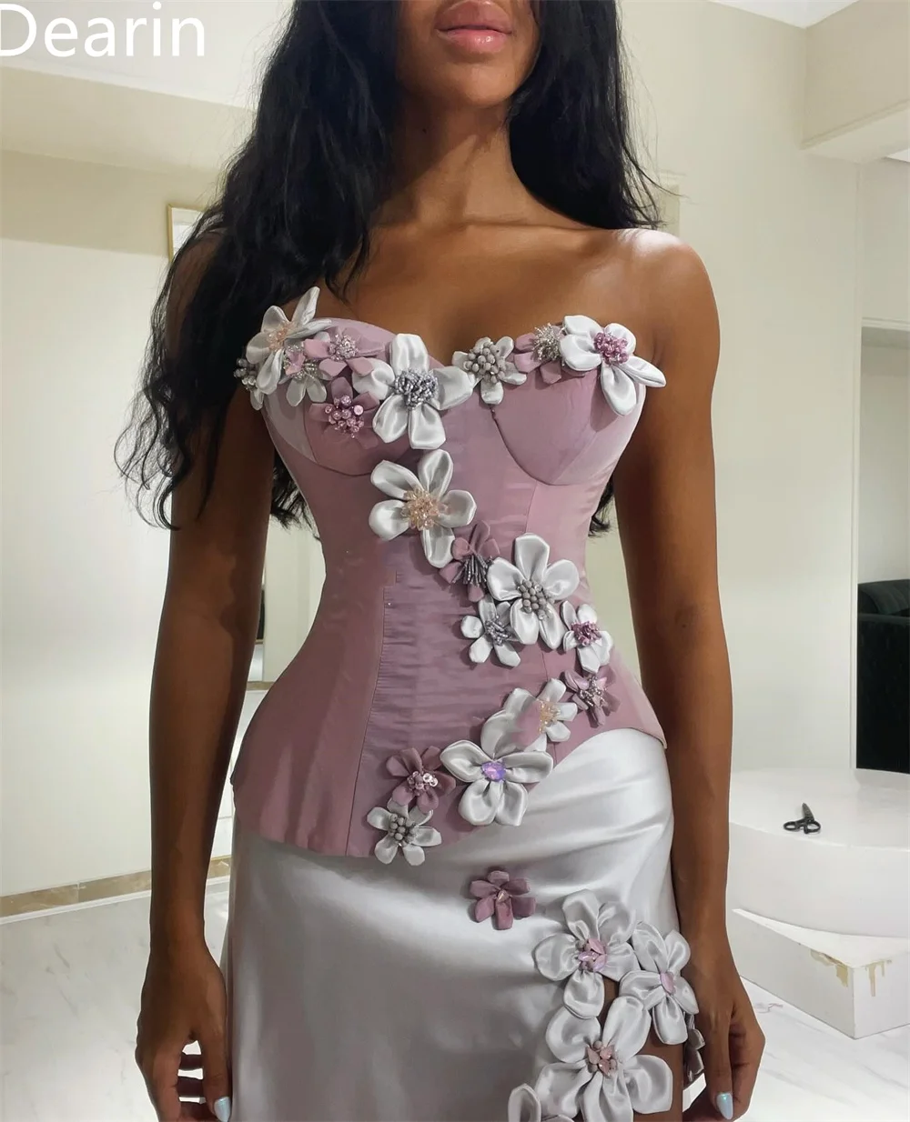 Customized Evening Gown Dearin Strapless A-line Floor Length Skirts Applique Sleeveless Flower Bespoke Occasion Dresses Saudi Ar