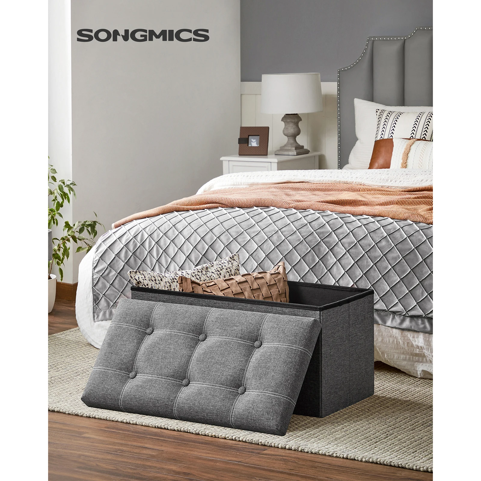 SONGMICS Ottoman Storage Bench, 80L Folding Chest, Footstool Bench with Linen-Look Fabric, Holds Up to 300 kg, for Living Room