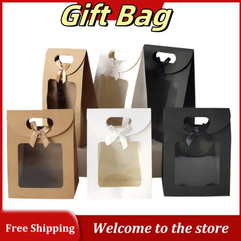 Gift Bag Clear Window Kraft Paper Bag Handle Candy Biscuits Cake Packing Box Eid Mubarak Gift Bag Christmas Подарочная Сумка