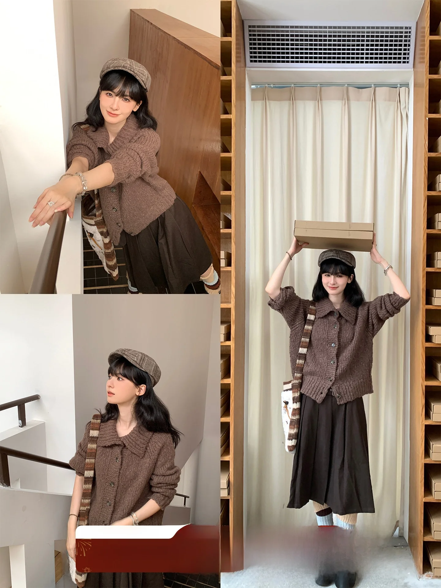 

Bella Poetica Diamond Loose Knitted Sweater Cardigan Flip Collar Resin Button Bean Tead Warm Spring Autumn Women's Faion