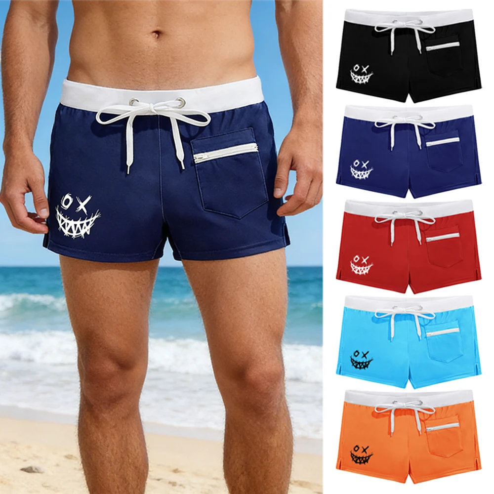 Men Swim Trunks Board Shorts with Front Horizontal Zipper Pocket Quick Dry Beach Shorts Cartoon Funny Smile Face Print Swimwear