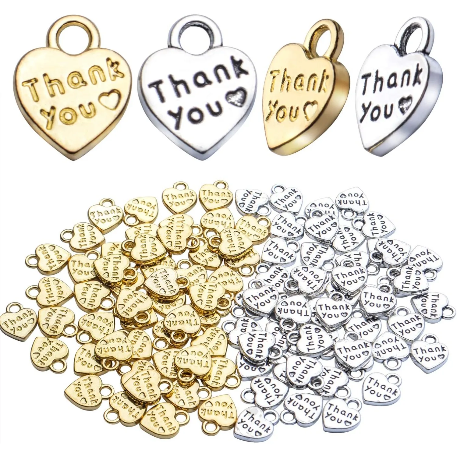 

100pcs Antique Word Heart Charms, Thank You Heart Charm, Bulk Crafts Supplies for Jewelry DIY Necklace Bracelet Making