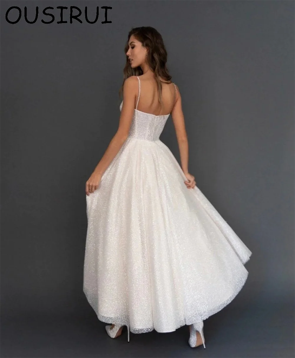 OUSIRbiomomis-Robe de mariée brillante à bretelles spaghetti, robe de mariée dos nu A-ligne, col en cœur, longueur au rinçage