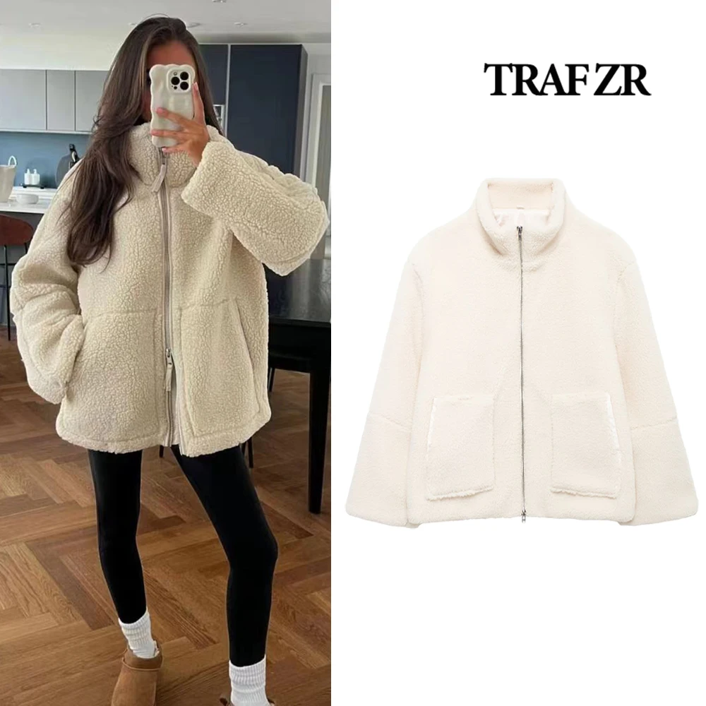 

TRAF ZR BASIC Faux Fur Coat Stand Collar New in Coats and Jackets Woman Winter 2024 Outerwears High Street Faux Sheepskin Coat