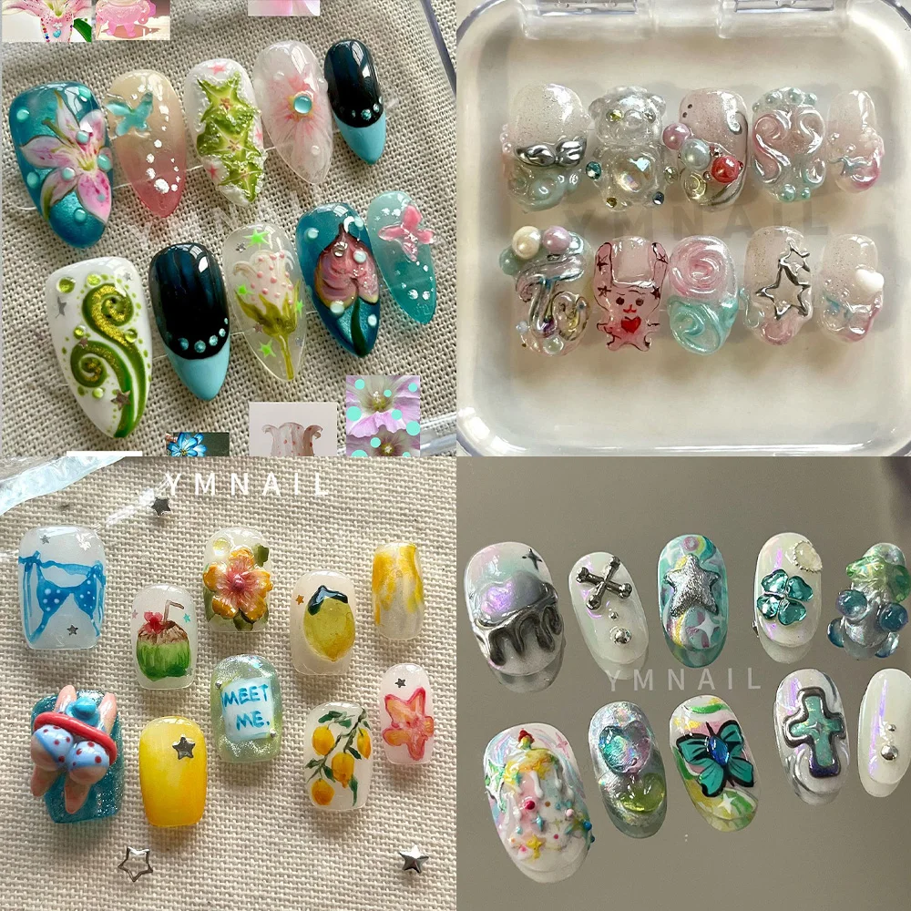 

Y2K Cool Retro Cute Tulip Fruit Star Bowknot Glitter Fake Nail Hand-Drawn Flower Pearl Metal Ball Cross Nail Art Party Stickers