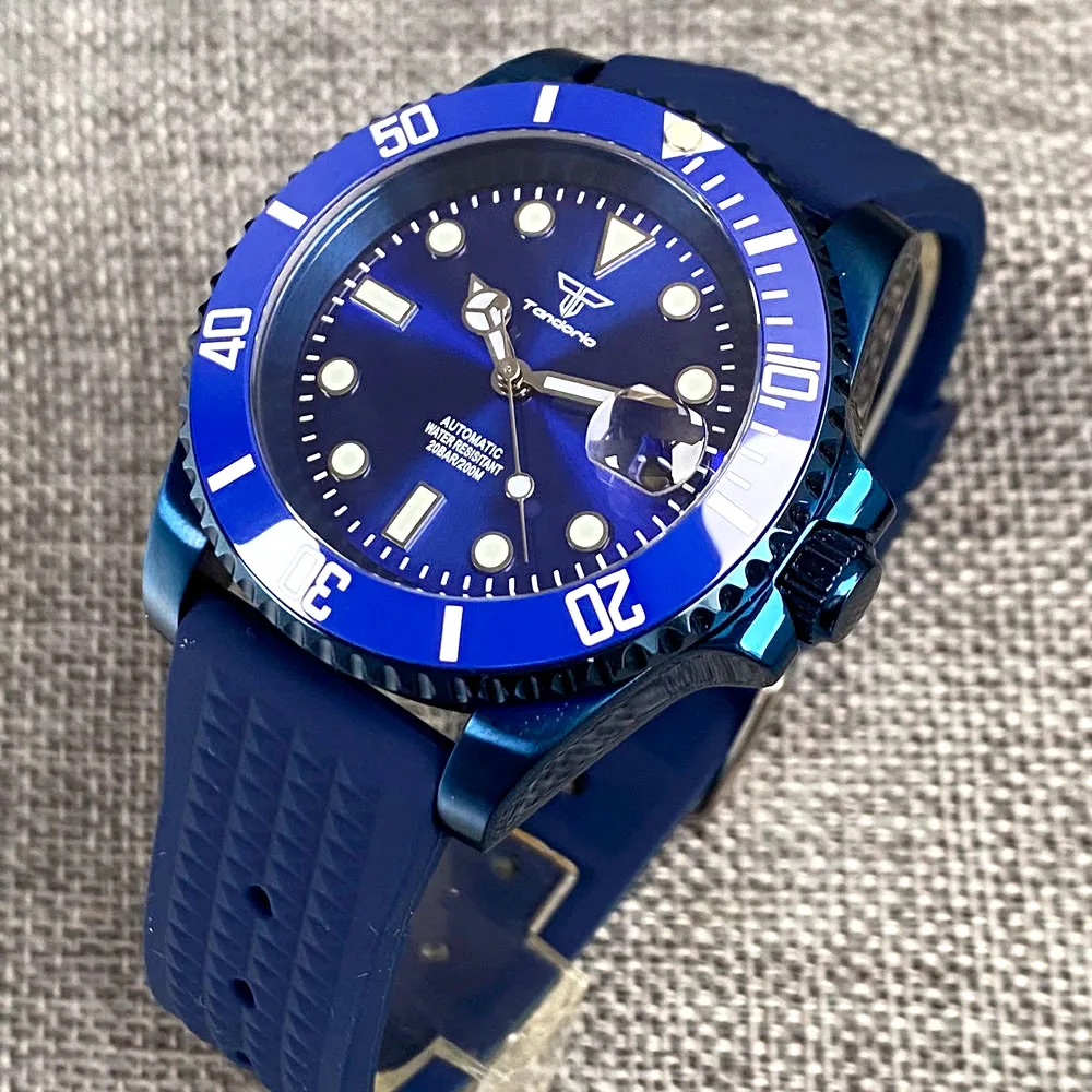 40mm Tandorio 20ATM Blue Coated Men Watch Sapphire Glass Date Japan NH35 Automatic Luminous Blue Sunburst Dial Waffle Strap Date