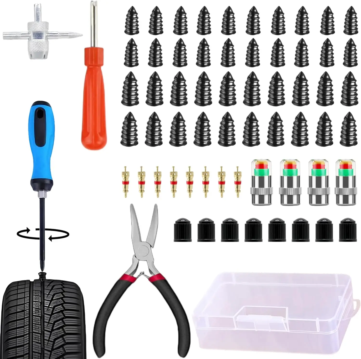 

64-Piece Tire Plug Kit with 2 Sizes, Pressure Gauge for Car, Motorcycle, Truck & ATV - Fast Self-Service Repair