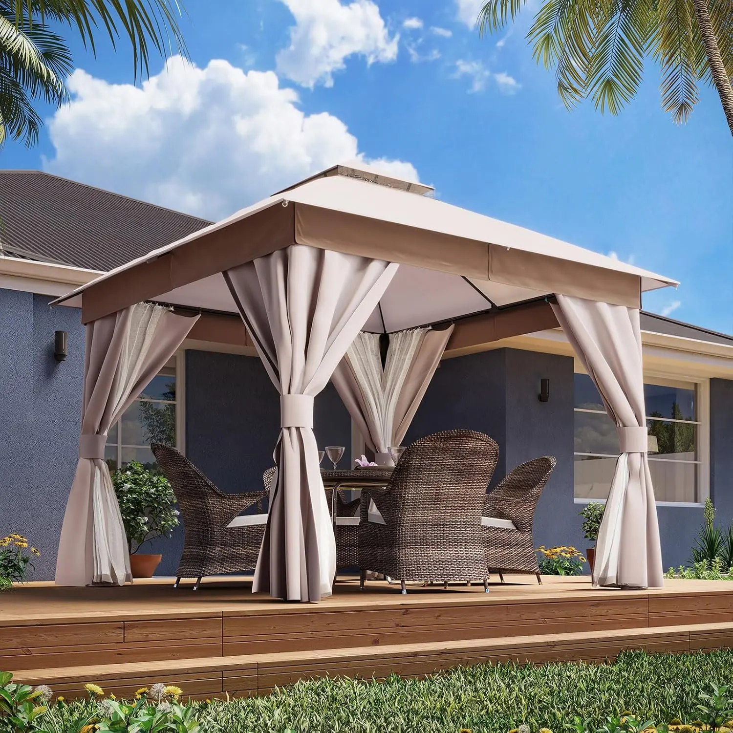 Outdoor Patio, Backyard, Garden, Lawn Use - Heavy Duty, Khaki - Double Roofs, Mosquito Nettings, Privacy Screens