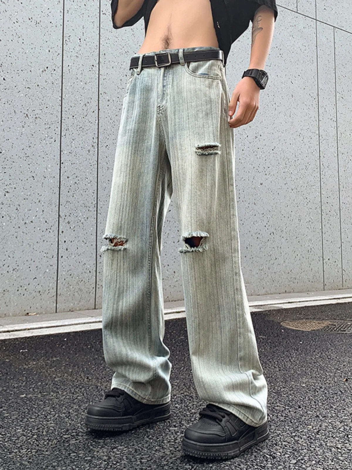 

American Style Loose Fit Distressed Bamboo Pattern Men's Jeans Summer High Street Trendy Brand Straight Leg Micro Flared Pants