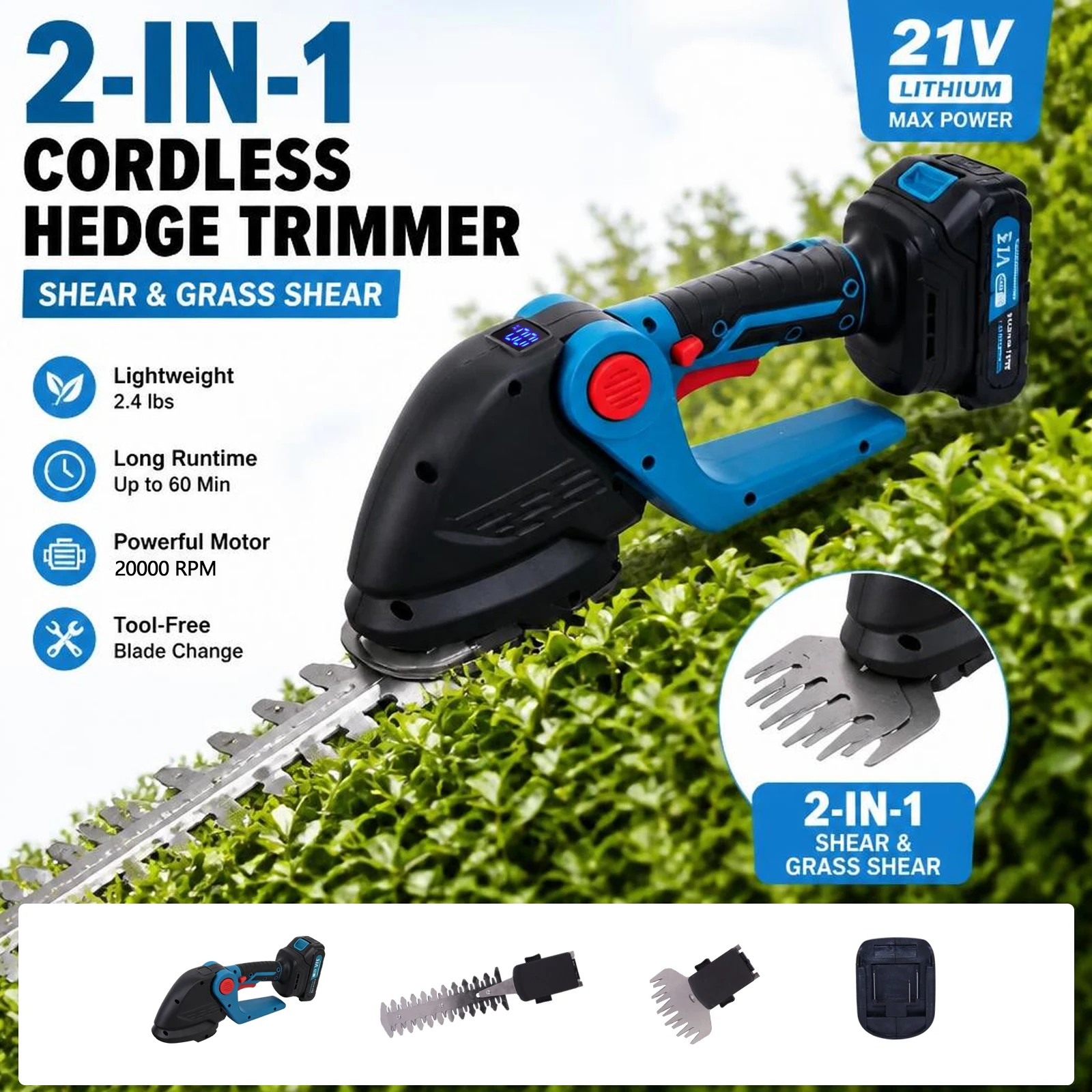 Cordless 2-in-1 Hedge Trimmer And Grass Shear 21V 20000RPM with SK5 Blades Rotatable Head for Garden Compatible with Makita 18V