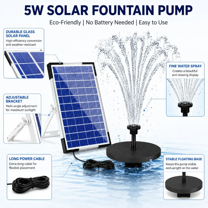 Solar Fountain 5W Glass Plate Direct Drive Water Pump High Power Landscape Fountain Fish Pool Split Fountain Solar Panel