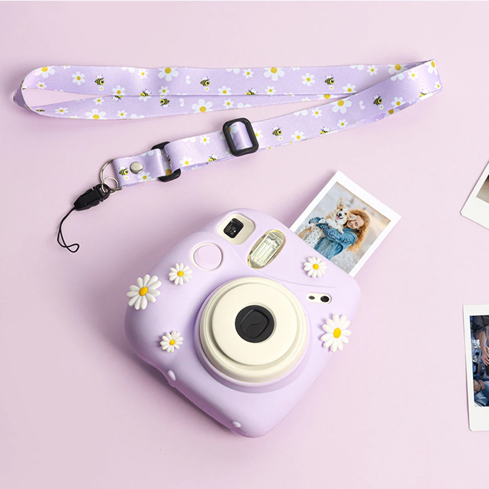 For Fujifilm Instax Mini 7+Camera Silicone Cover Solid Color Daisy Protection Soft Shell With Camera shoulder strap