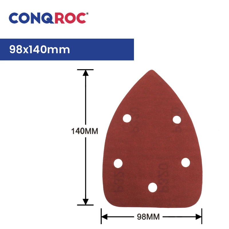 98x140mm 5-Hole Triangle Sanding Pads Aluminum Oxide Sanding Sheets Hook and Loop Sanding Papers 100-Piece Grit P40~1500