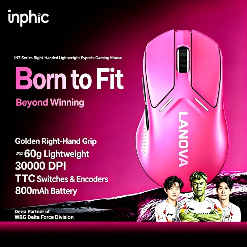 INPHIC IN7 Wireless Gaming Mouse Tri-Mode BT 2.4G Wired 60g Light Ergonomic 30000DPI Rechargeable Mice for Office Game PC Laptop