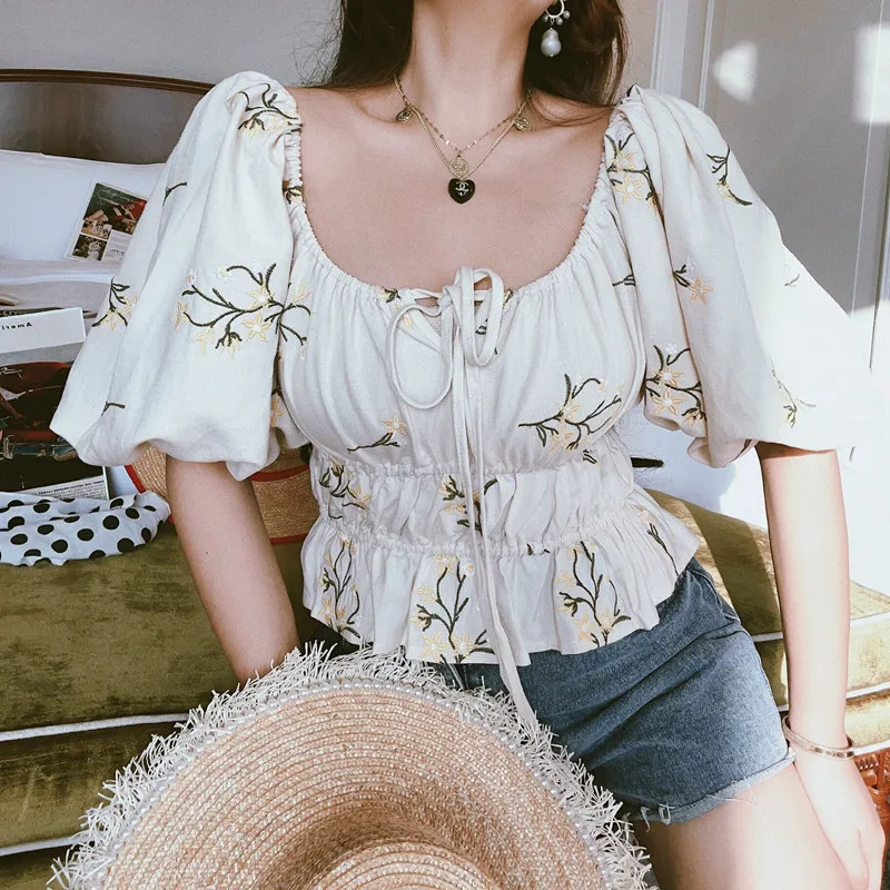 

TEELYNN Boho Crop Top for Women Blouses Casual Vintage Linen Cotton Floral Embroidery Blusas Puff Sleeve Short Blouse Summer