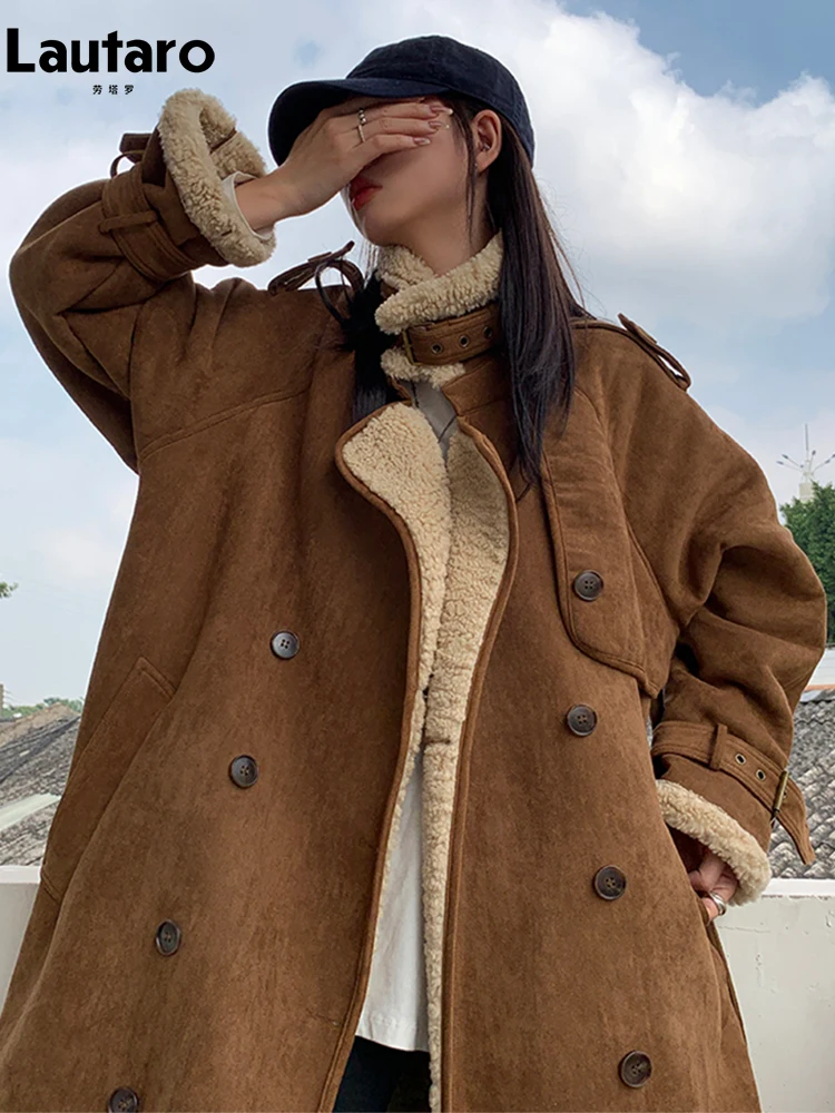 Lautaro Winter Long Brown Oversized Thick Warm Faux Sheepskin Trench Coat for Women Belt Double Breasted Fleece Lined Overcoat