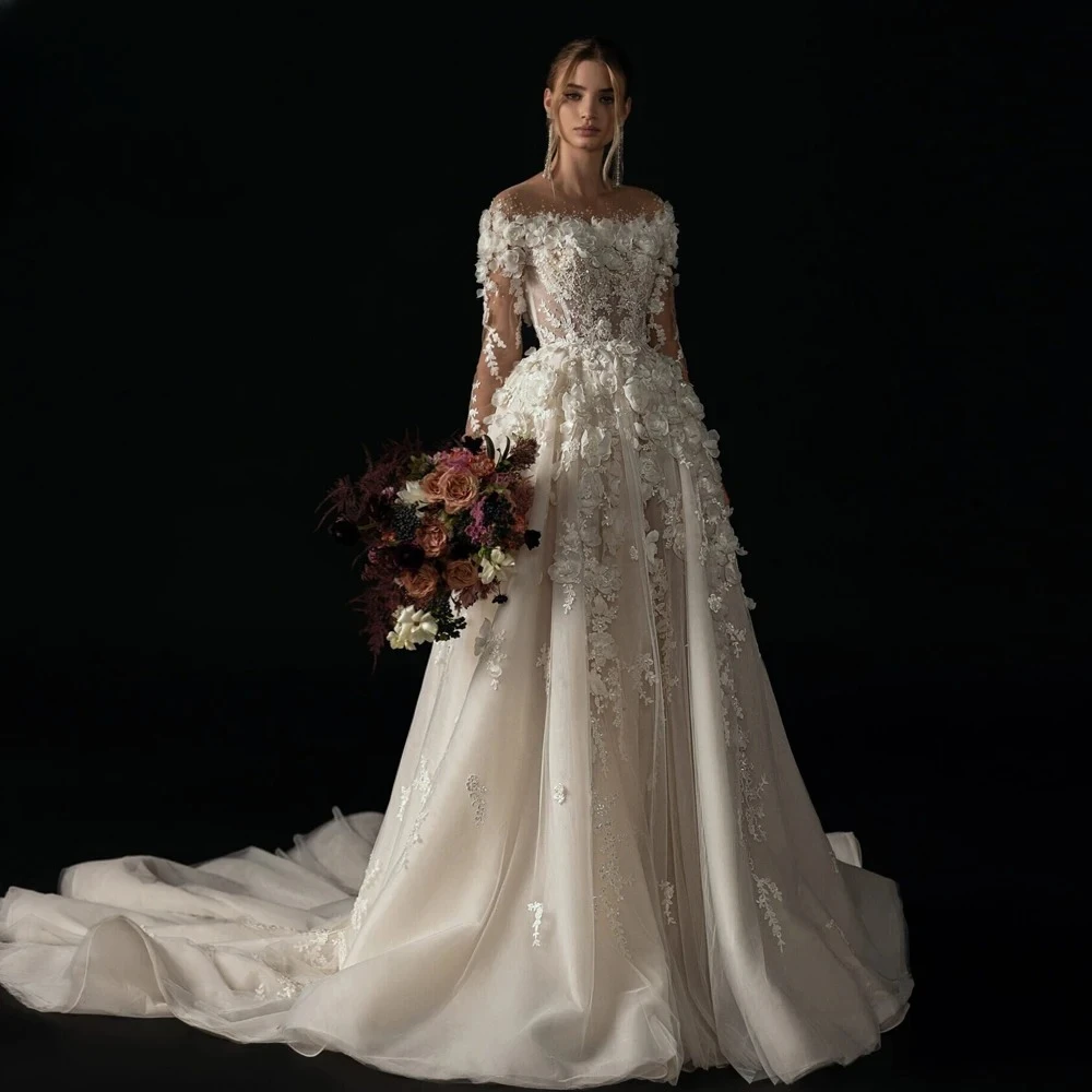 

A-Line Elegant Wedding Dresses Boat Neck Long Sleeve Vestido De Novia Lace Appliques Flowers Chic Custom Made Bridal Gown