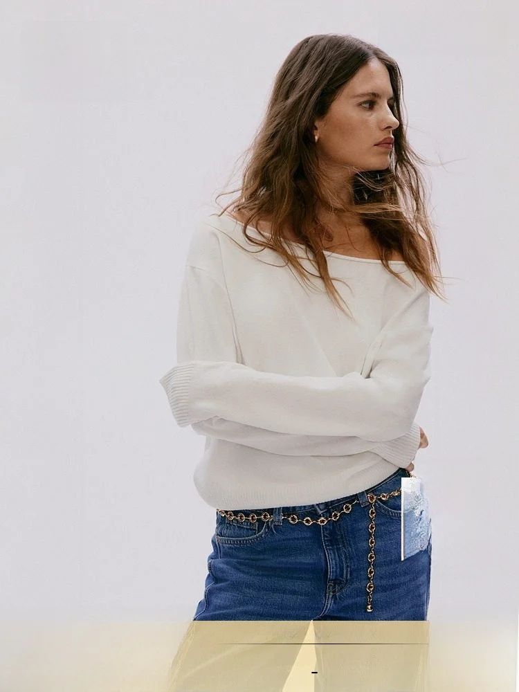 

Женский вязаный свитер H&M с длинными рукавами, весенний, с открытыми плечами, свободного кроя, повседневный, из смеси полиэстера и нейлона, удобный топ