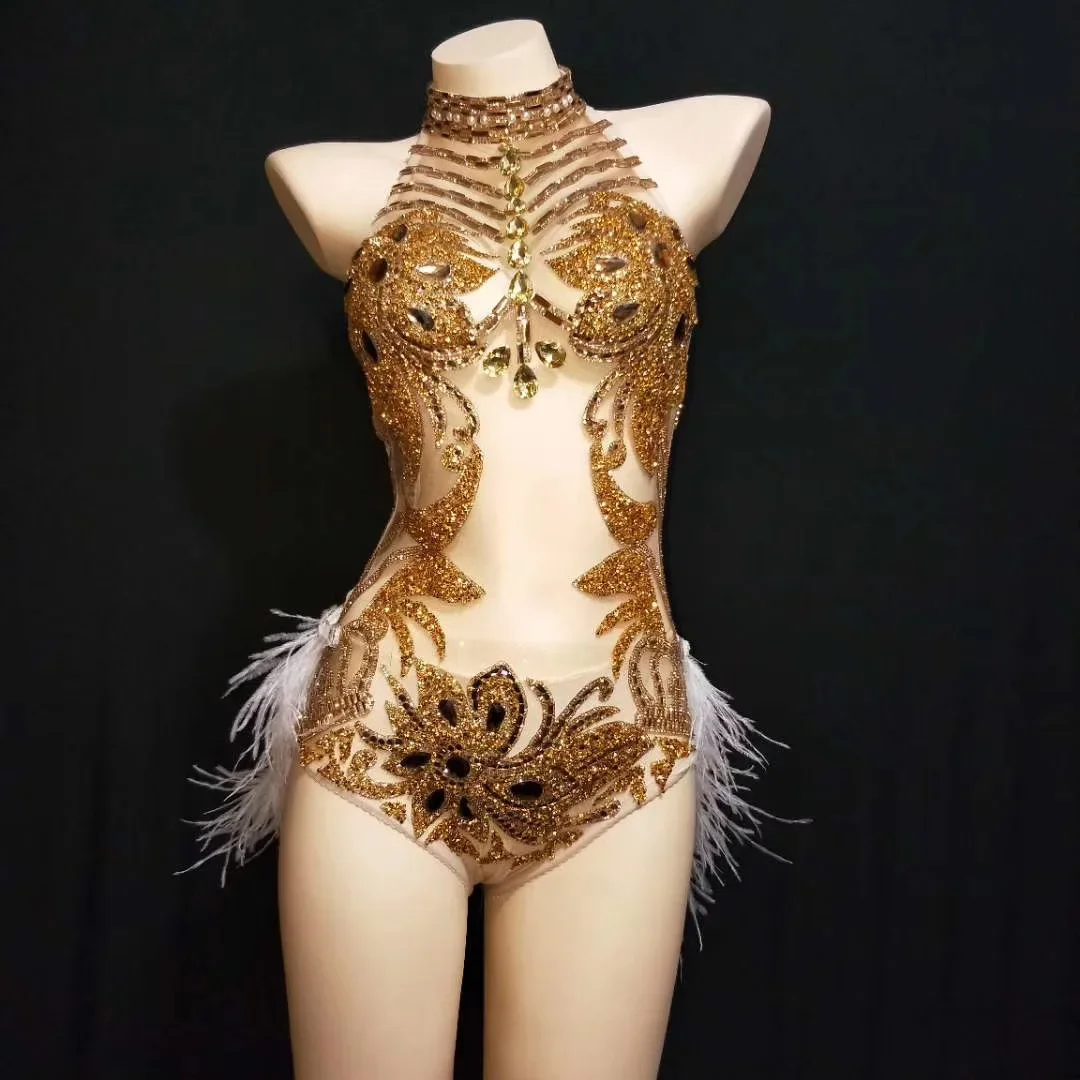 

Neck-Mounted Backless Perspective Shining Gold Rhinestones With Gloves Sexy Bodysuit Feathers Women Stage Costume Bar DJ Wear