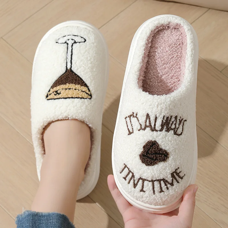 

Winter Men Womens Slippers Warm Plush Comfortable Couple Floor Home Shoes Soft Wine Glass Plush Non-slip Indoor Slippers