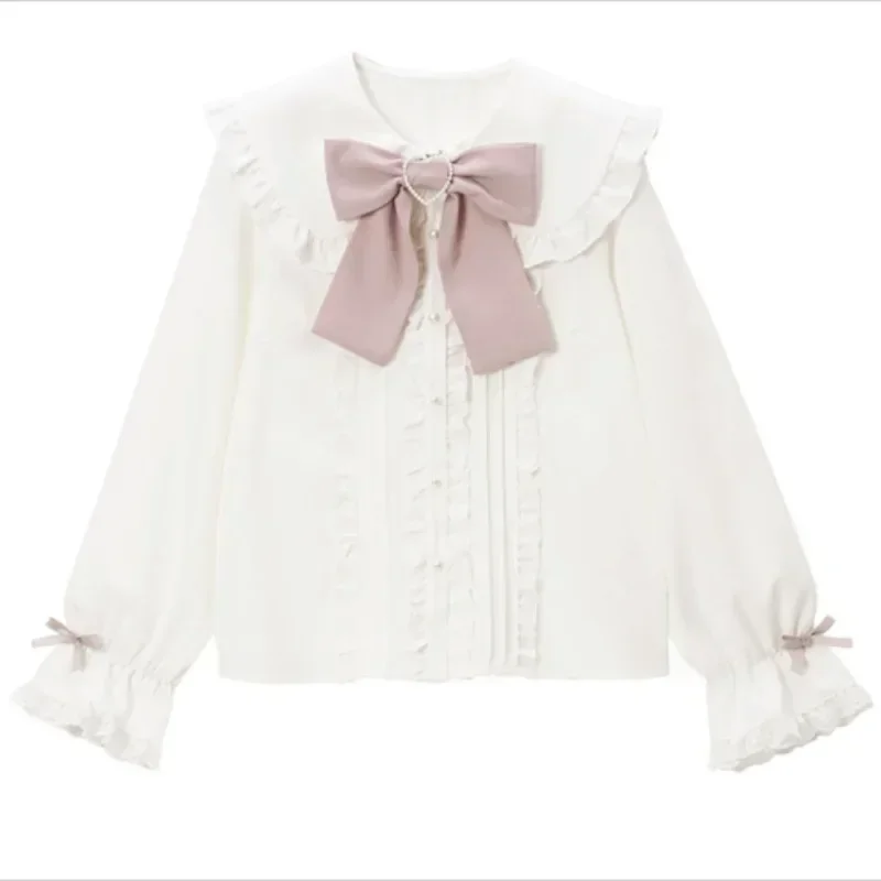 Japanese Bow Tie White Shirt Girls Japanese Long Sleeve Kawaii Clothing Ruffle Trim Student Doll Shirt Design Shirts Blouses