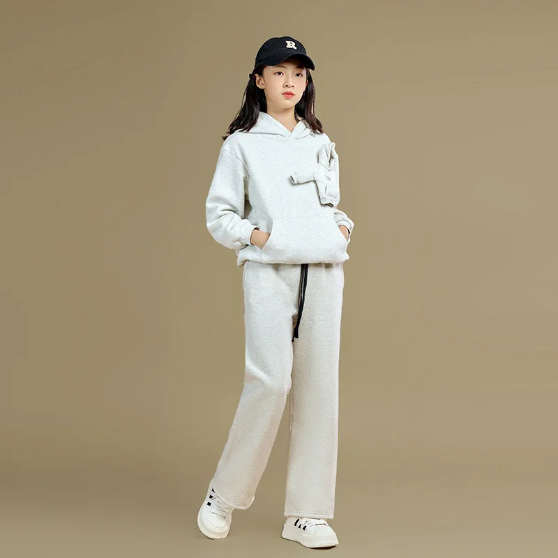 

2024 Autumn Winter Children Girl Thicken Tracksuit School Girl Hooded Fleece Hoodie+Sport Pants Child Jogger Workout Set 5-14Yrs