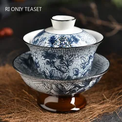 150ml Chinese Ceramic Gaiwan Teacup Handmade High-footed Blue and White Porcelain Tea Tureen Travel Portable Tea Bowl Teaware