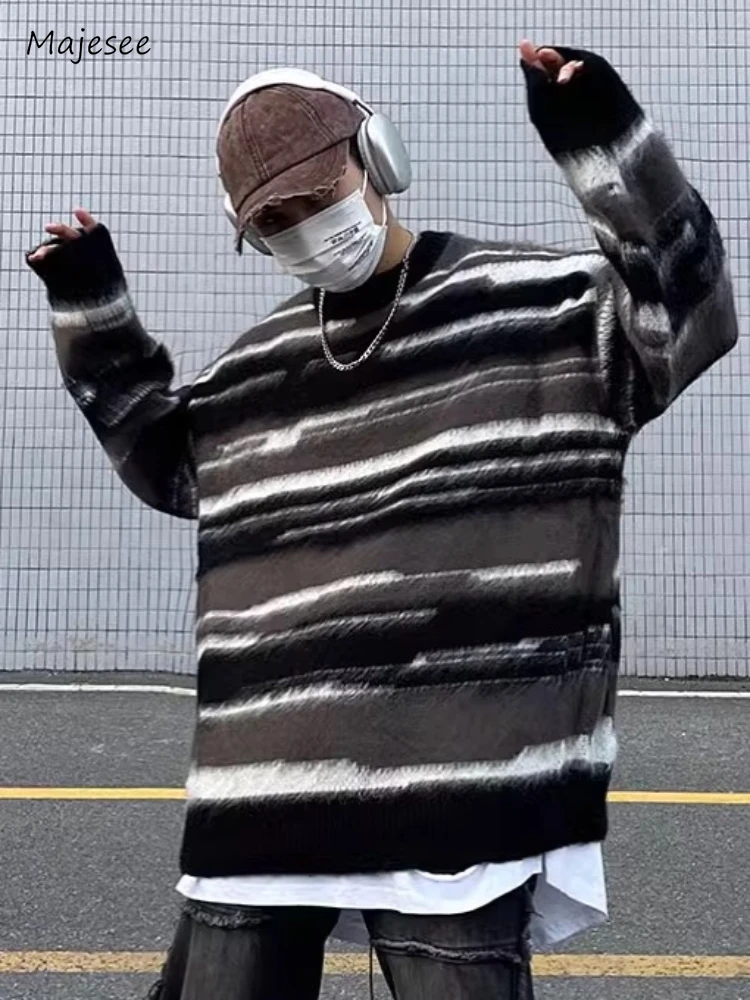 Sweaters Men Autumn Hip Hop Hipster Japanese Style Striped Couple Knitwear Contrast Color Vintage Casual Slouchy Pullovers Daily