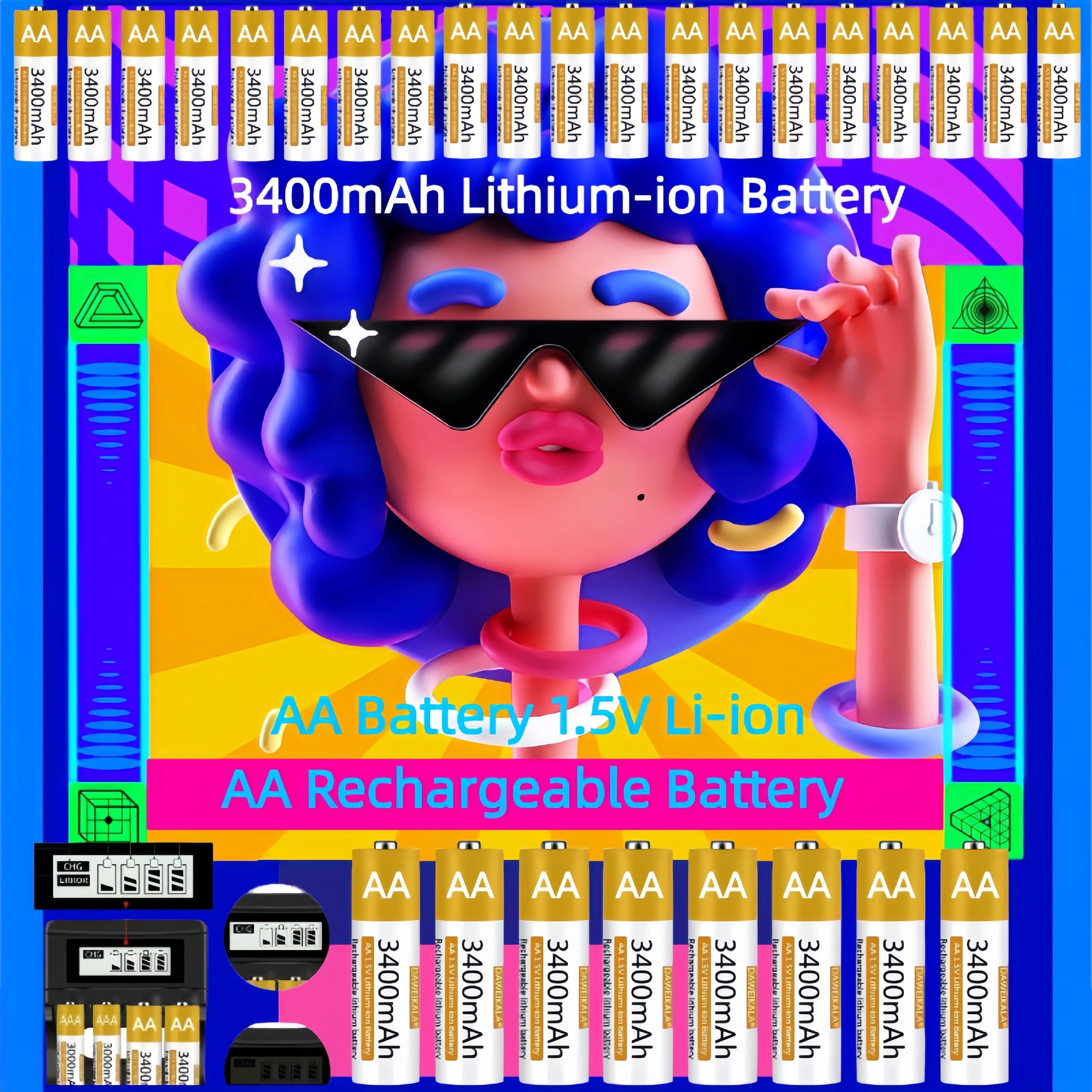 

AA Battery 1.5V Li-ion AA Rechargeable Battery 3400mAh AA Lithium-ion Battery for remote control mouse small fan Electric toy
