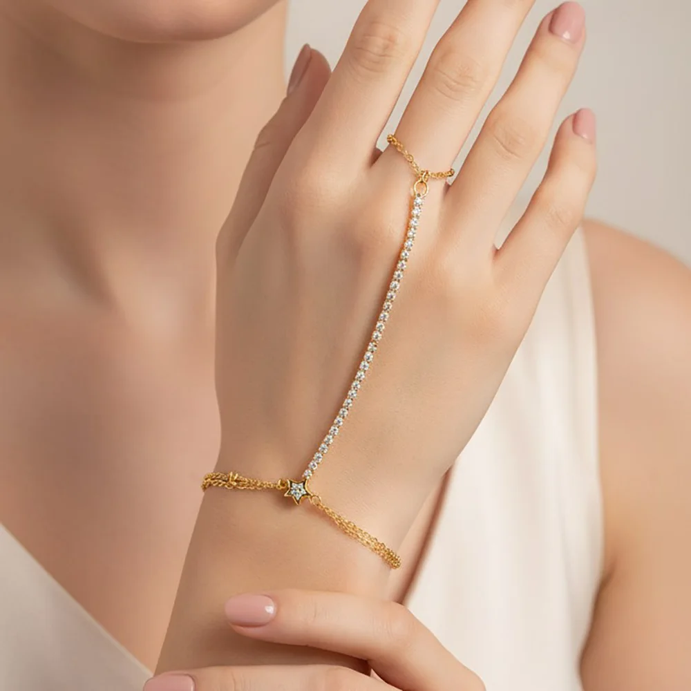 

Luxury Gold Color Stainless Steel Inlay Zircon Finger Bracelet Waterproof Back of Hand Chain Jewelry Wholesale Gift