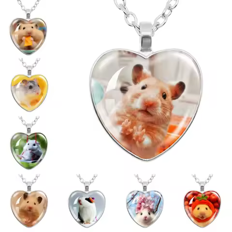 Hamster NecklacePets Painting Glass Handmade Heart Shape Pendant Necklace Cute Animal Funny Necklace Charms Jewelry Gifts